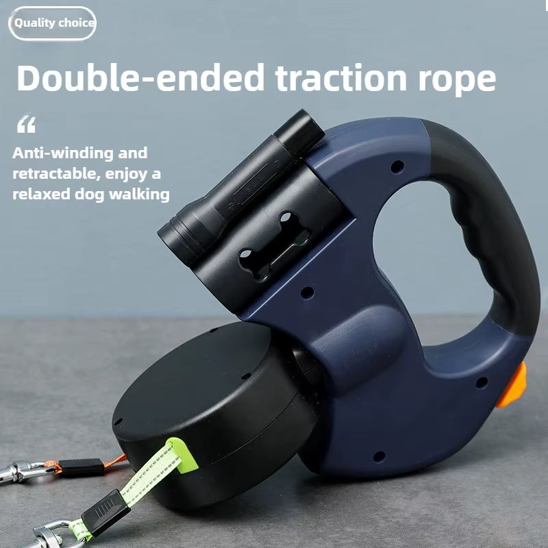 Premium 3M Retractable Double Dog Leash for Small Dogs Reflective 360 Swivel No Tangle Walking Pet Lead with LED Lights