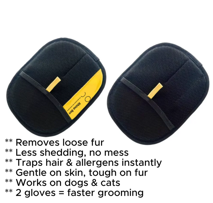 Two black grooming gloves with yellow accents on a white background, featuring text about their grooming benefits.
